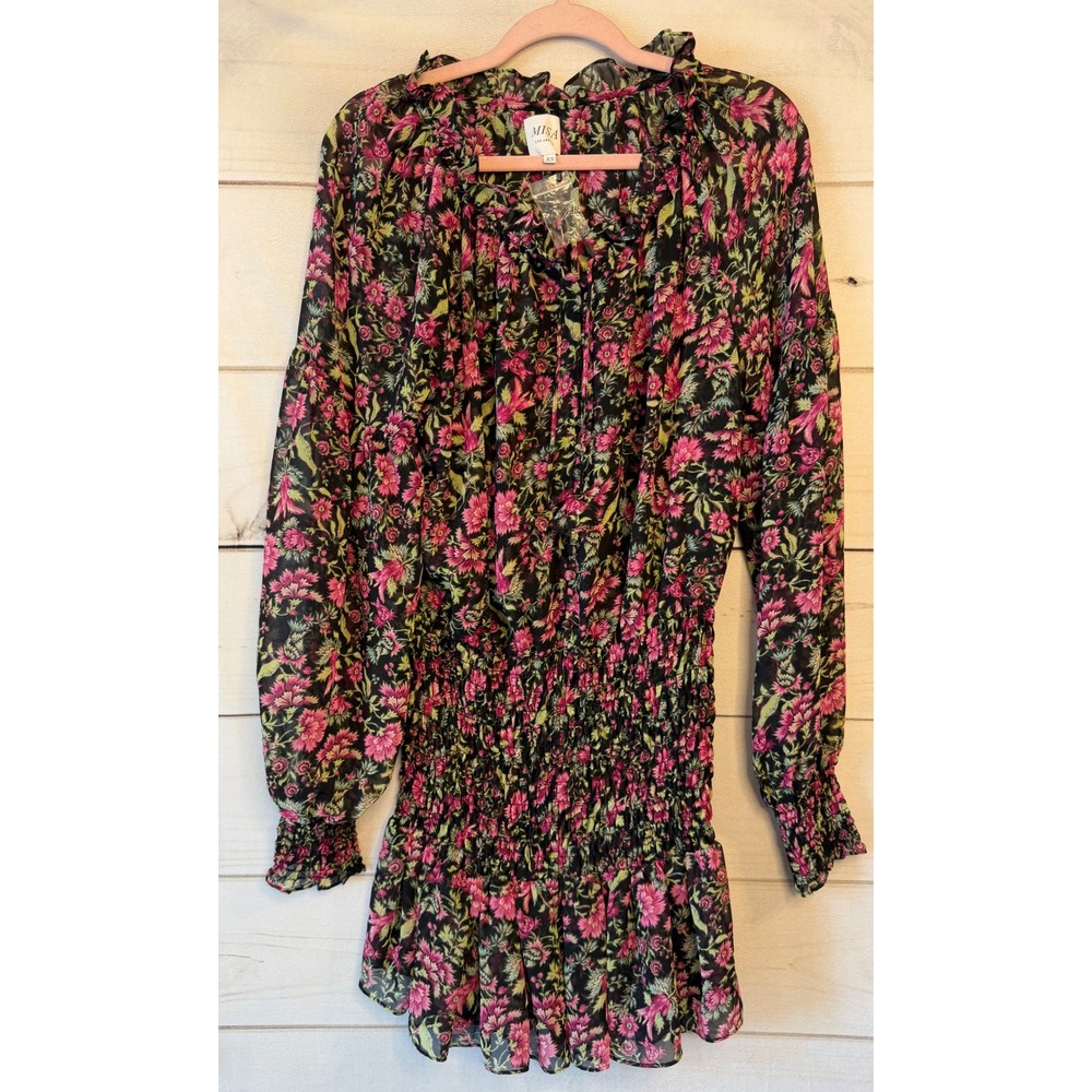 MISA Los Angeles Floral Smocked Mini Dress Pink Green XS Chiffon Ruffle Boho